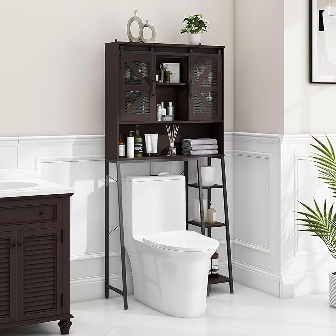 Over The Toilet Storage Cabinet, Farmhouse Storage Cabinet Over Toilet with 2 Sliding Barn Door,Home Space-Saving Toilet Rack, for Bathroom, Restroom, Laundry,Espresso