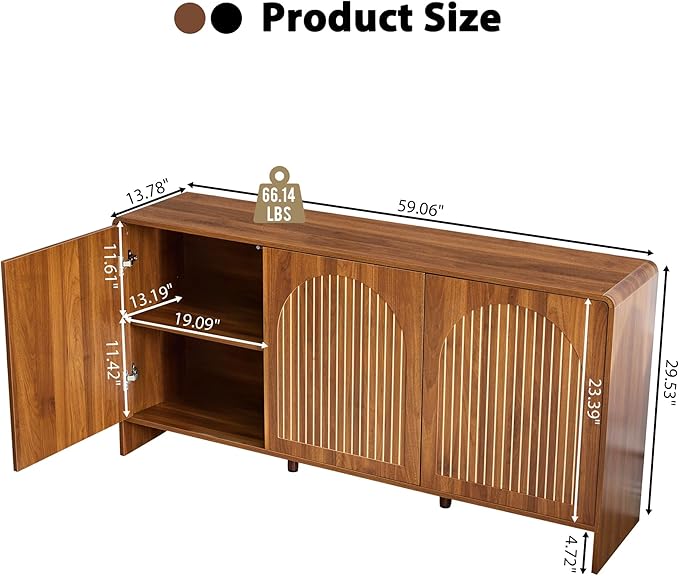 59" Sideboard Buffet Cabinet with Storage, Wood Arched TV Console Storage Cabinet with 3 Doors and Adjustable Shelf, Large Curved Accent Cabinet for Living Room Hallway Kitchen Dining Room, Walnut