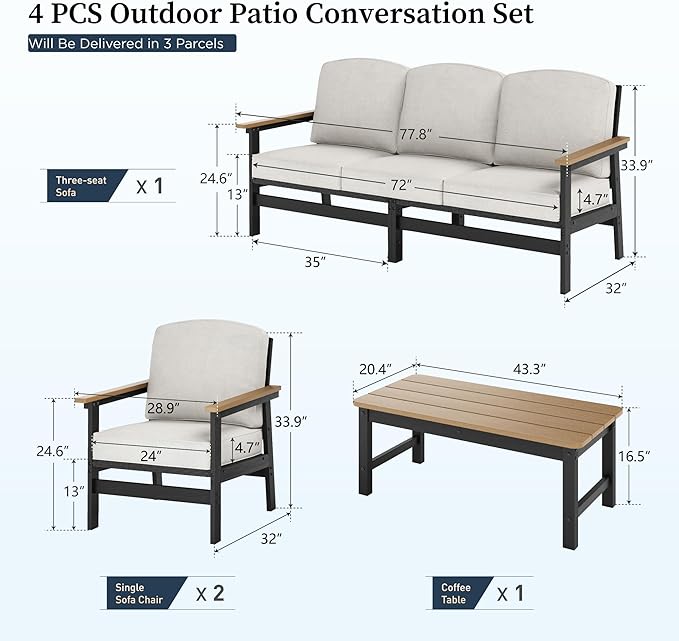 HDPE Outdoor Patio Furniture 4-Piece Set, All Weather Modern Patio Conversation Sets with Wood-grain Extended Table, Outdoor Patio Couch Set, Black Frame with Beige 4.7" Thick Cushions