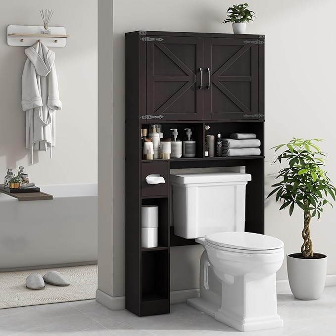 Vabches Over The Toilet Storage Cabinet, Farmhouse Storage Cabinet Over Toilet with 2 Barn Doors & Toilet Paper Holder Stand,Home Space-Saving Toilet Rack, for Laundry, Restroom, Bathroom.Walnut