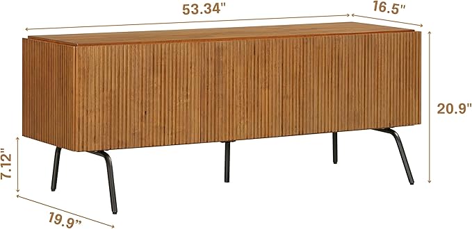 NTC Veil TV Stand with 3 Doors for TVs up to 60’’, Media Console with Vertical Groove Design and Metal Legs, Modern Entertainment Center for Living Room and Bedroom, Effortless Assembly, Teak Look