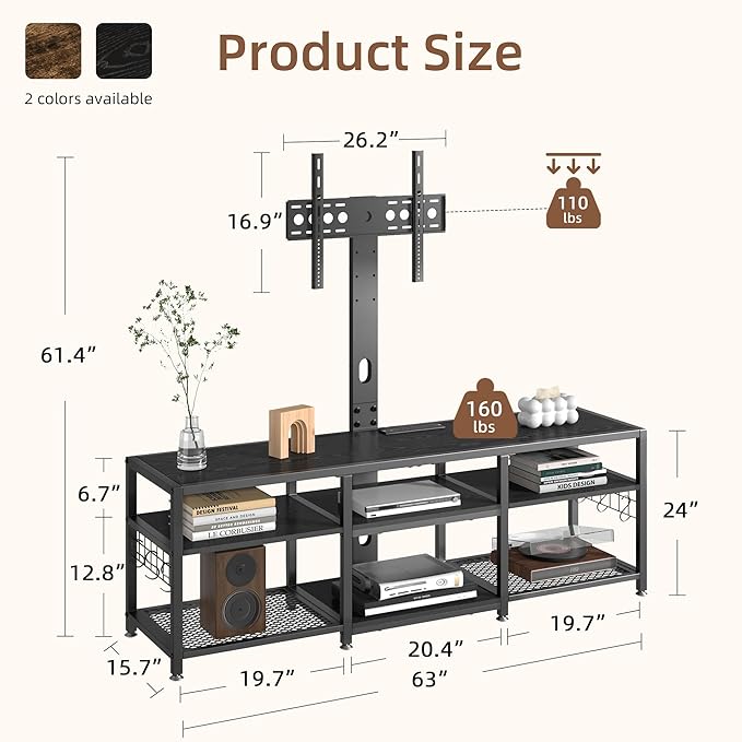 VECELO 63" TV Stand with Mount and Power Outlets, Entertainment Center Console with Open Storage Shelves, Height Adjustable Mount up to 75”, Wooden Table and Metal Frame for Living Room, Modern Black