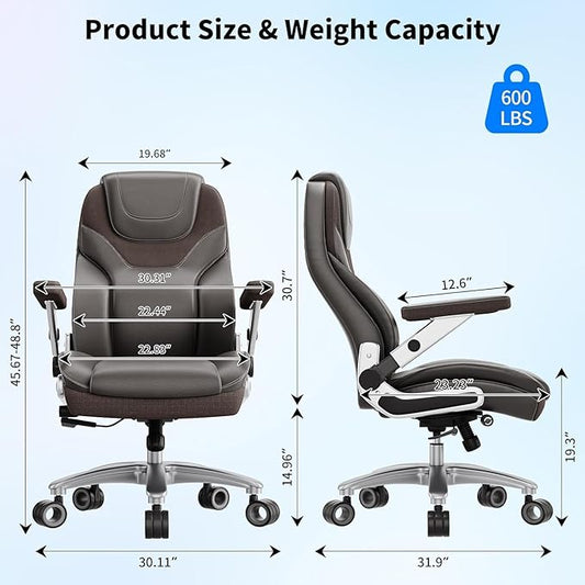 Big and Tall Office Chair with 5D Arms, 600lbs Fabric & PU Leather Heavy Duty Desk Chair, Adjustable Lumbar Support & Height, Tilt Function, High Back Ergonomic Executive Computer Chair