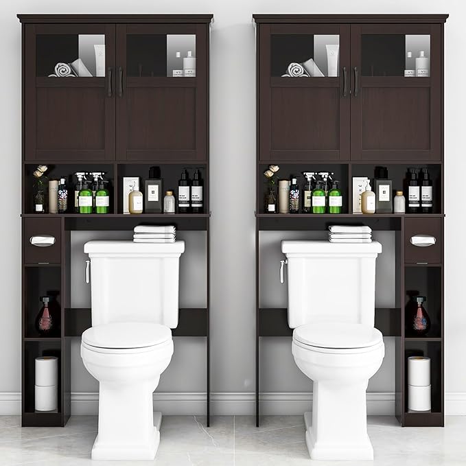 Over The Toilet Storage Cabinet, Storage Cabinet Over Toilet with Double Doors & Toilet Paper Holder Stand, Freestanding Toilet Shelf Space Saver with Anti-Tip Design & Adjustable Shelf, Espresso