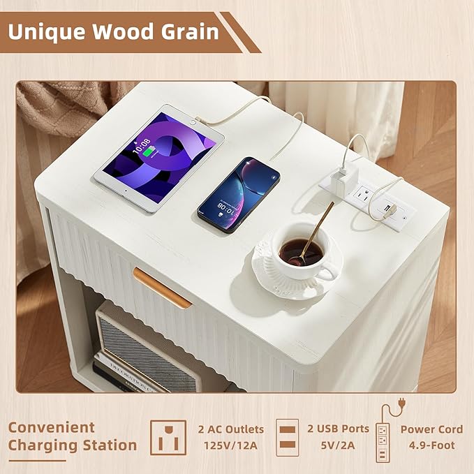 LEYAOYAO Fluted Nightstand with Charging Station, 23" Wide 1 Drawers End Table,White Night Stand with Open Storage Cabinet, Farmhouse Bed Side Tables, Wood Dresser for Bedroom, Living Room, Closet