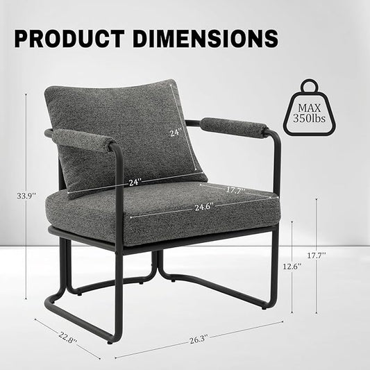 Single Accent Chair for Living Room, Mid Century Modern Upholstered Reading Armchair for Bedroom, Office, with Comfy Chenille Cushion & Metal Frame, Dark Grey