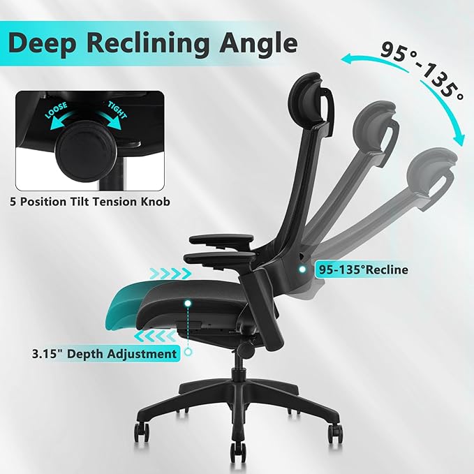 CLATINA Ergonomic High Swivel Executive Chair with Adjustable Height Head 3D Arm Rest Lumbar Support and Upholstered Back for Home Office Black Mesh 2 Pack