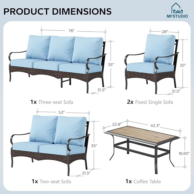 MFSTUDIO 5 PCS Outdoor Patio Furniture Set, Metal Outdoor Conversation Set, Rattan Wicker Patio Sectional Sofa Set with 2 x Fixed Single Sofa, 2-Seat and 3-Seat Sofa, 1 x Coffee Table, Blue