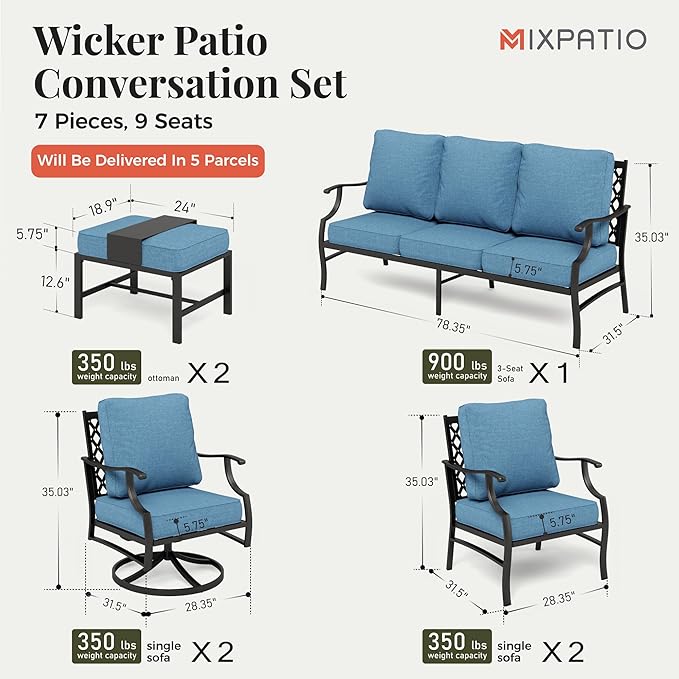 Patio Furniture Set 7 pcs, Outdoor Patio Furniture, 3-Seat Sofa, 2 Single Chairs, 2 Swivel Chairs, 2 Ottomans and 5.75" Extra Thick Cushion, Conversation Set for Deck,Navy Blue