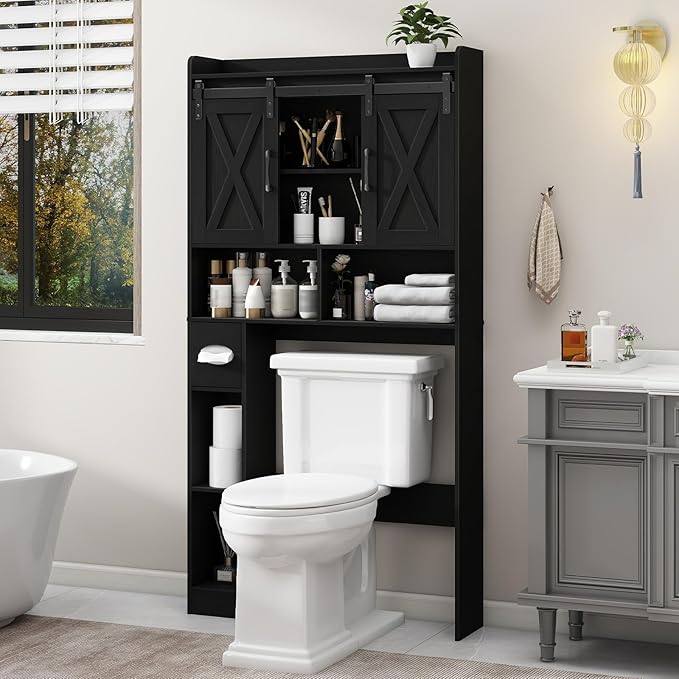Vabches Over The Toilet Storage Cabinet, Farmhouse Storage Cabinet Over Toilet with Sliding Doors & Toilet Paper Holder Stand,Home Space-Saving Toilet Rack, for Bathroom, Laundry and Restroom.Black