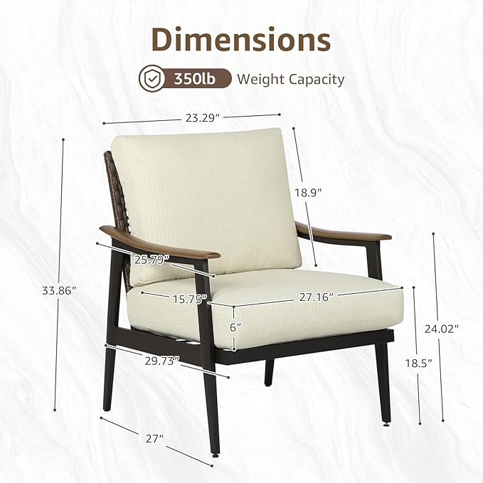 NATURAL EXPRESSIONS Patio Sofa Outdoor Furniture Metal Chair with Wicker Backrest & 6 Inches Cushion for Front, Porch, Deck, Balcony, Backyard, Sunroom, 27"(L) x 29.75"(W) x 33.86"(H).