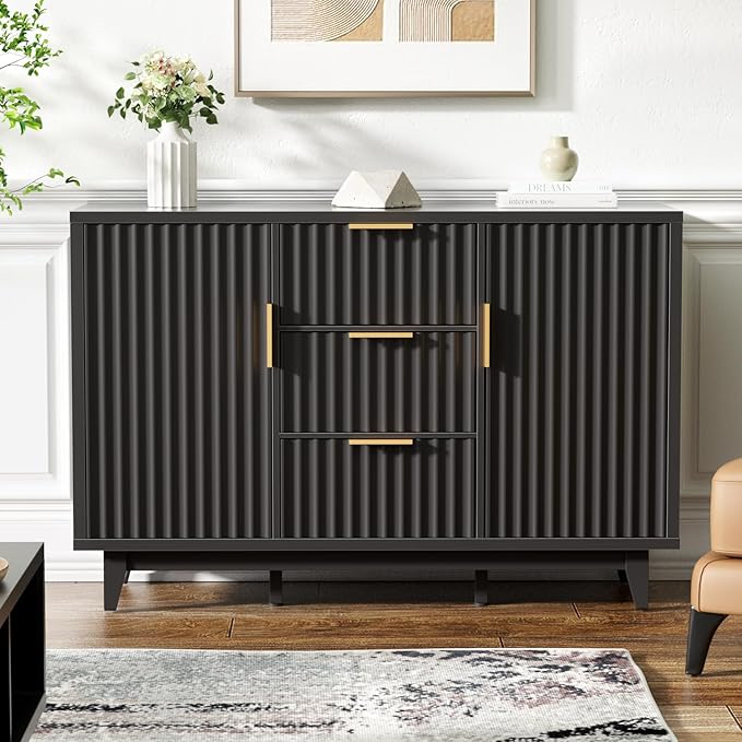 47.2" W Storage Cabinet with 3 Drawers, Fluted Buffet Cabinet with Storage, Large Sideboard with 2 Door, Modern Mid Century TV Stand Coffee Bar Cabinets for Living Room, Kitchen, Entryway