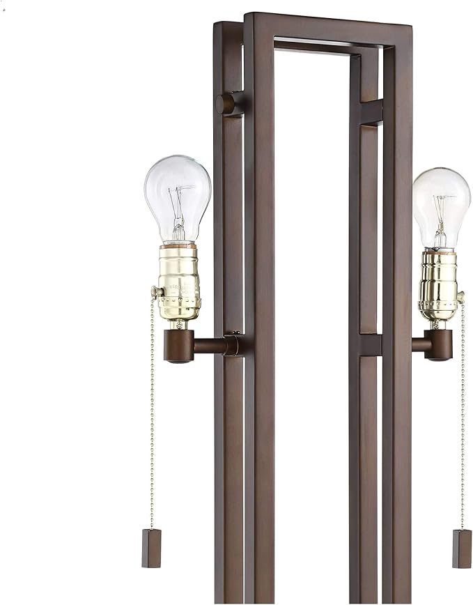 Possini Euro Design Modern Standing Floor Lamp 62" Tall Bronze Brown Openwork Frame 2-Light Oatmeal Linen Fabric Rectangular Shade Decor for Living Room Reading House Bedroom Home Office House