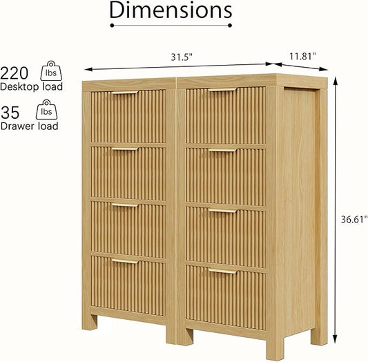 Modern 8-Drawer Solid Wood Dresser with Fluted Front & Gold Handles, Multifunctional Tall Storage Chest, for Hallway, Entryway, Natural X2