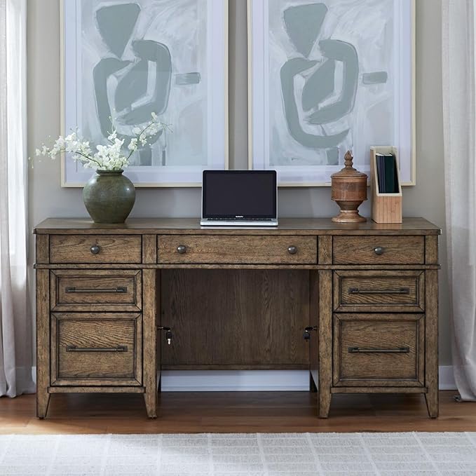 Liberty Furniture Carolina Park Jr Executive Credenza with Keyboard Tray, Locking File Storage for Home Office- Amber Brown Oak Wood