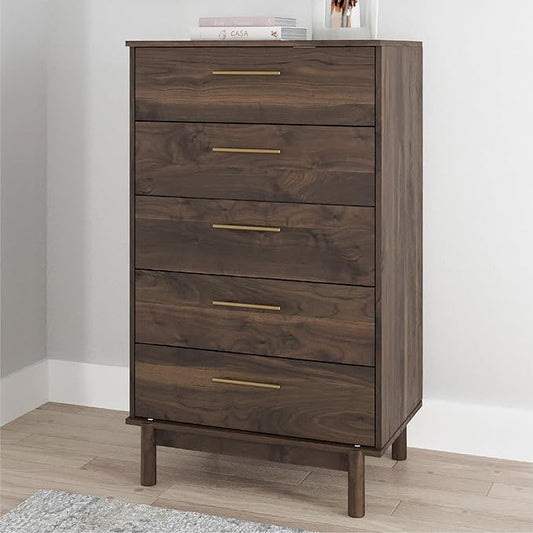 Signature Design by Ashley Calverson Contemporary 5 Drawer Chest of Smooth-Gliding Drawers and Safety Stop, Dark Brown