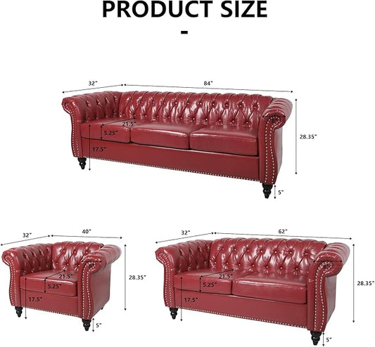 2 Piece Living Room Sofa Set, 3 Seater Faux Leather Sofa Couch and Chair Set, Mid Century Modern Upholstered Couch with Cushions, Comfy Tufted Chesterfield Couches for Bedroom, Office (Wine Red)