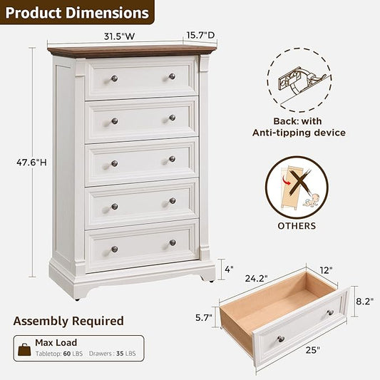 T4TREAM Farmhouse 5 Drawer Dresser for Bedroom, 47" Tall Wood Dresser with Ample Storage Space and Rustic Charm, Antique White