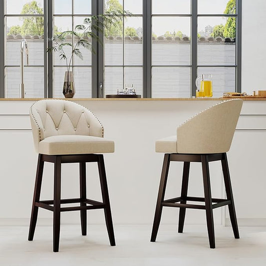 COSTWAY Bar Stools Set of 2, 31’’ Swivel Bar Stools with Rubber Wood Legs & Padded Back, Breathable Linen Fabric, Stylish Tufted Design & Rivet Decoration, Adjustable Foot Pads (2, Beige + Brown)