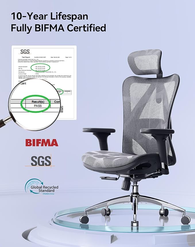 SIHOO M57 Ergonomic Office Chair with 3 Way Armrests Lumbar Support and Adjustable Headrest High Back Tilt Function Grey