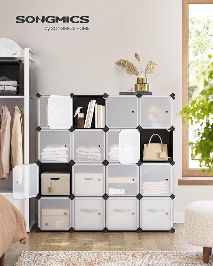 SONGMICS Cube Storage Organizer, Set of 16 Plastic Cubes, Closet Storage Shelves, DIY Plastic Closet Cabinet, Modular Bookcase, Shelving with Doors for Bedroom, Living Room, Black and White ULPC44HS