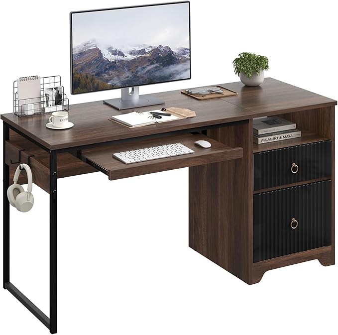 Bestier 55 Inch Computer Desk with Keyboard Tray, Modern Office Desk with Storage, Wood Writing Desk with File Drawer, Fluted Panel & 2 Hooks for Home Office & Studio, Cherry