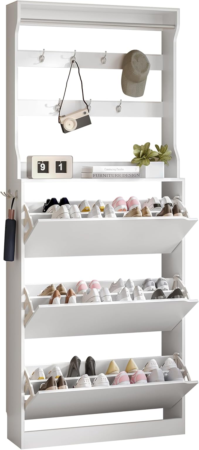 Tall Shoe Cabinet with Coat Rack, Hidden Shoe Storage Cabinet with Doors & Drawer, Hanging Bar & Hooks, Slim Narrow Freestanding Shoe Rack Organizer for Entryway, Hallway & Living Room, White