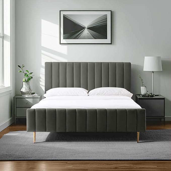 Livinia Queen Size Elton Velvet Platform Bed, Upholstered Bed Frame with Vertical Channel Tufted Headboard Footboard, Strong Wood Slats, No Box Spring Needed, Gray (Queen)