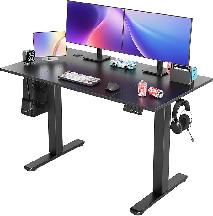 Seang Electric Height Adjustable Standing Desk, 48 x 24 Inch Sit-Stand Workstation with T-Style Frame, 3 Memory Height Options & Built-in Cable Management for Home Office, Black Frame/Black Top