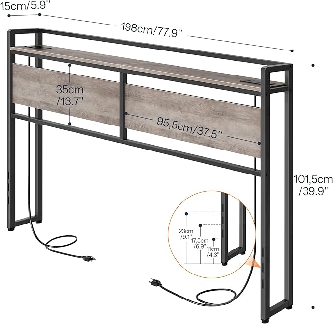 HOOBRO King Size Headboard, Headboard with 2 Outlets and 4 USB Ports, Adjustable Height, Storage Rack, Sturdy and Stable, Easy Assembly, Greige and Black