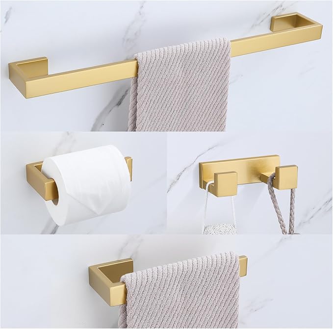 Brushed Gold Bathroom Hardware Set, 4-Piece Bath Towel Bar Set SUS304 Stainless Steel Towel Rack Set for Bathroom, 23.6 inches Bathroom Towel Holder Set Wall Mounted