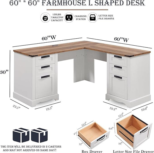 RedLemon 60" Farmhouse L Shaped Executive Desk with Drawers, Wood Home Office Corner Desk with Charging Station, File Drawer, Storage Cabinet, Rustic Computer Writing Desk (Antique White)