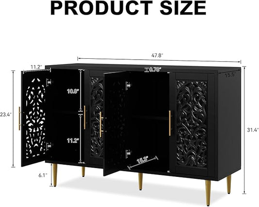 ARTPOWER 47.8" Accent Cabinet with 4 Doors, Vintage Hollow Carving Buffet Cabinet, Sideboards and Buffets with Storage, Credenza for Living Room, Kitchen, Dining Room, Entryway, Hallway, Black