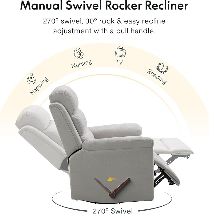 FLEXISPOT XRC6 Nursery Swivel Rocker Recliner with Massage & Heat, Rocking Glider Chair w/ 28" High Back, Comfy Upholstered Armchair for Living Room Nursery, FSC Certified(Ribbed Chenille, Light Grey)