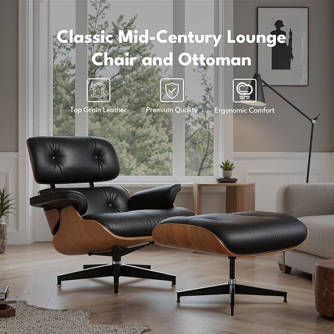 Top Black Grain Leather, Mid Century Chaise Lounge Chair and Ottoman, Modern Chair Classic Design, Heavy Duty Base Support for Living Room Study Lounge Office, Walnut