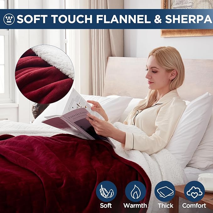 Westinghouse Electric Blanket Full, Heated Blanket Full Size with 10 Heating Levels and 1 to 12 Hours Heating Time Settings, Flannel to Sherpa Reversible, Machine Washable (80" x 84", Red)