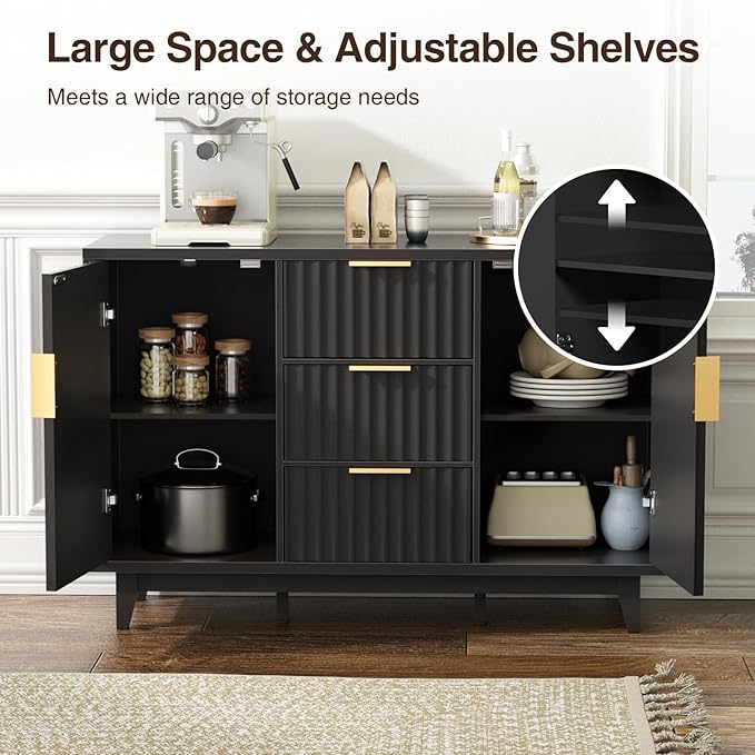 47.2" W Storage Cabinet with 3 Drawers, Fluted Buffet Cabinet with Storage, Large Sideboard with 2 Door, Modern Mid Century TV Stand Coffee Bar Cabinets for Living Room, Kitchen, Entryway