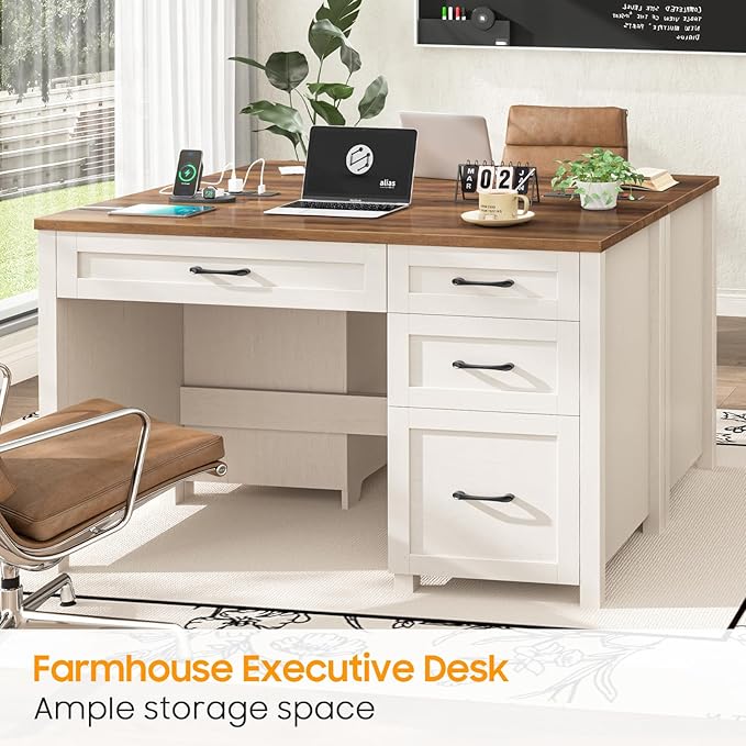Vabches Farmhouse 47" Executive Desk with 4 Drawers, Computer Desk with File Drawer and Charging Station, Workstation for Home Office, Study.(Unique White)