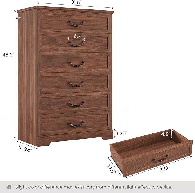 DICTAC Farmhouse 6 Drawers Dresser for Bedroom, 48.2" Tall Dressers Chest of Drawer, Large Storage Closet Organizer with Natural Texture and Vintage Metal Handle, Wooden Vertical Dresser for Hallway