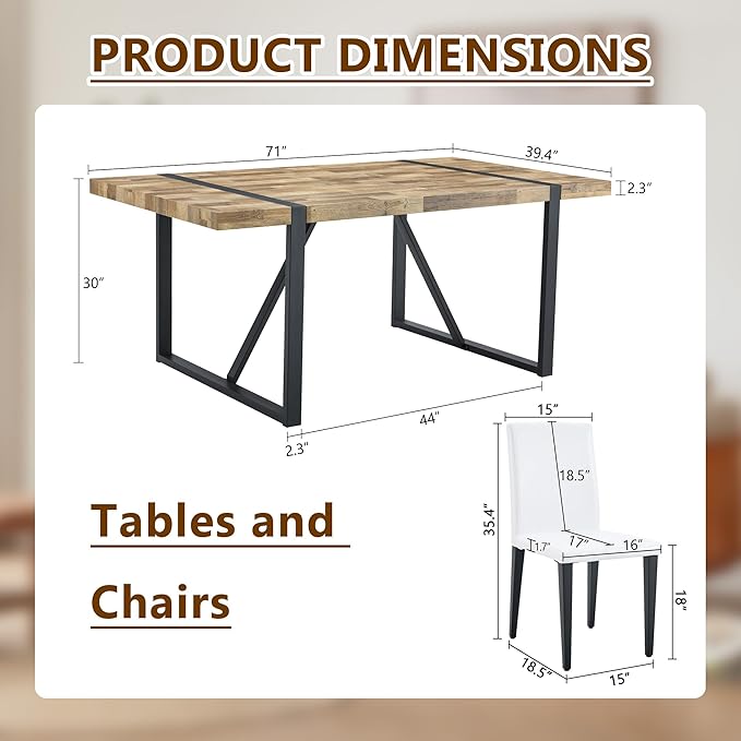 Dining Table Set for 6,Dinner Table Set for 6,71'' Kitchen Table and PU Leather Chairs Set of 6,6 Chair Dining Table Set for Kitchen Dining Room