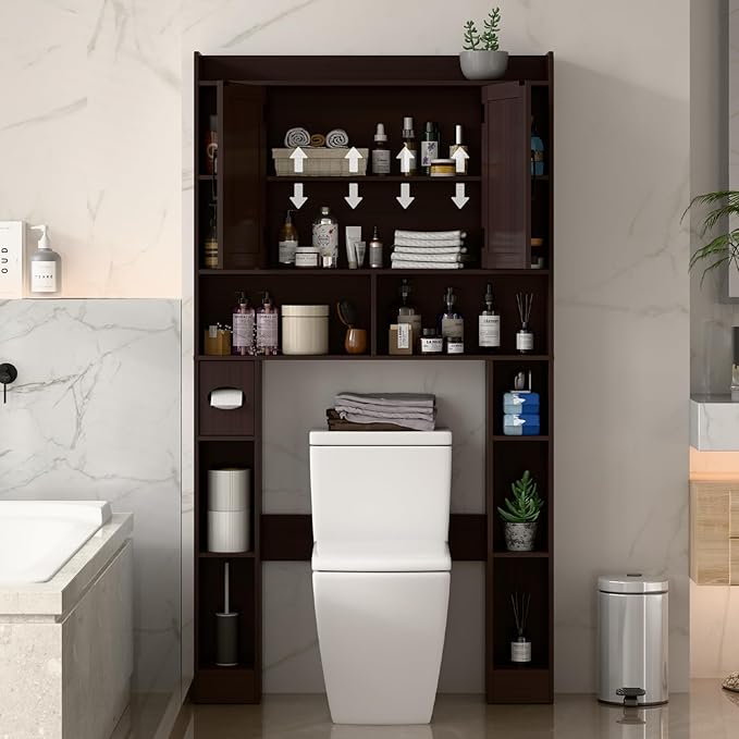 Farmhouse Storage Cabinet Over Toilet with Barn Doors,Over The Toilet Storage Cabinet, Home Space-Saving Toilet Rack, for Bathroom, Restroom, Laundry.Espresso