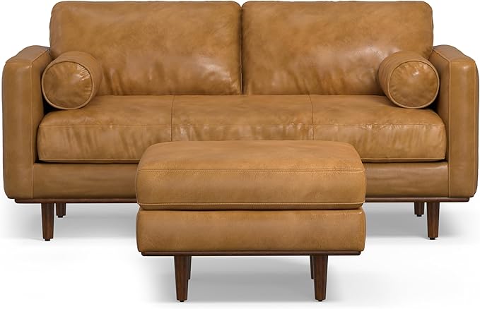 SIMPLIHOME Morrison Mid-Century Modern 72 inch Wide Sofa with Ottoman Set in Sienna Genuine Leather for the Living Room and Family Room