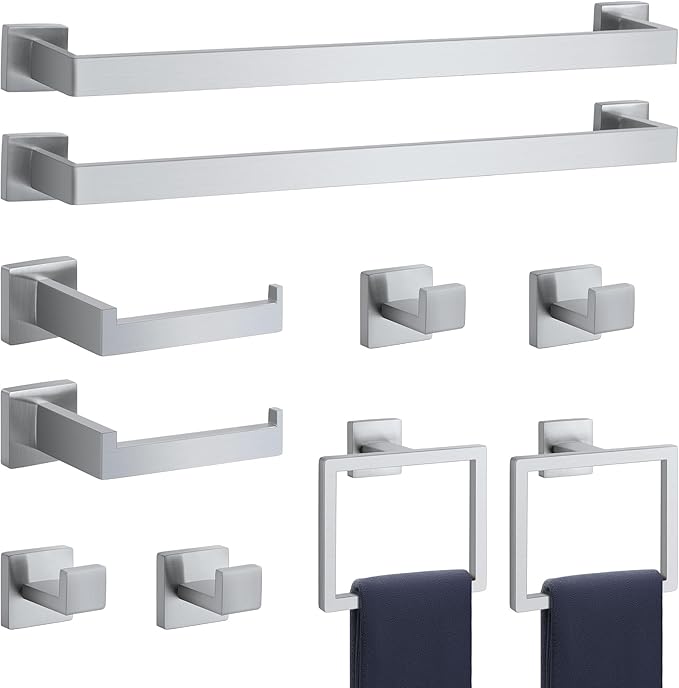 10-Pieces Brushed Nickel Bathroom Accessories Set, Stainless Steel Bathroom Hardware Set, Towel Racks for Bathroom Wall Mounted 24 Inch Bath Towel Bar Set.