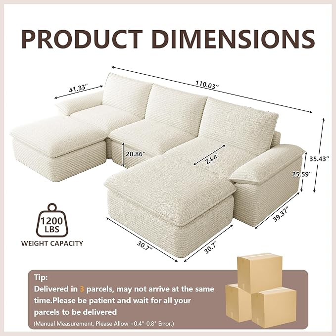 113.03" Sectional Couches for Living Room Modern Modular Sofa with U-Shape Couchs Upholstered Corduroy Boneless Couch Deep Seat Cloud Couch with Ottoman, No Assembly Required, White
