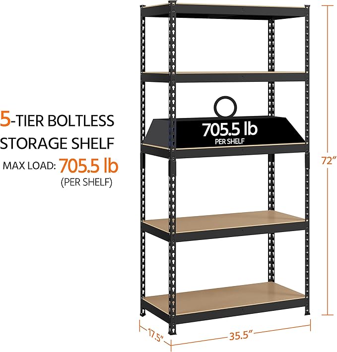 Yaheetech Storage Shelves 5 Tier Garage Shelving Heavy Duty Garage Shelves Adjustable Metal Shelving Unit Utility Rack Industrial Shelving for Warehouse Pantry Closet, 35.5″W × 17.5″D × 72″H, Black