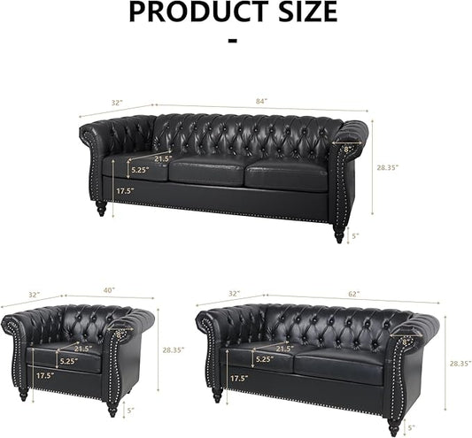 Faux Leather Sofa and Loveseat set, Mid Century Modern Upholstered Couch with Cushions, 2-Piece Home Sofa Living Room Furniture Sets, Comfy Tufted Chesterfield Couches for Bedroom, Office (Black)