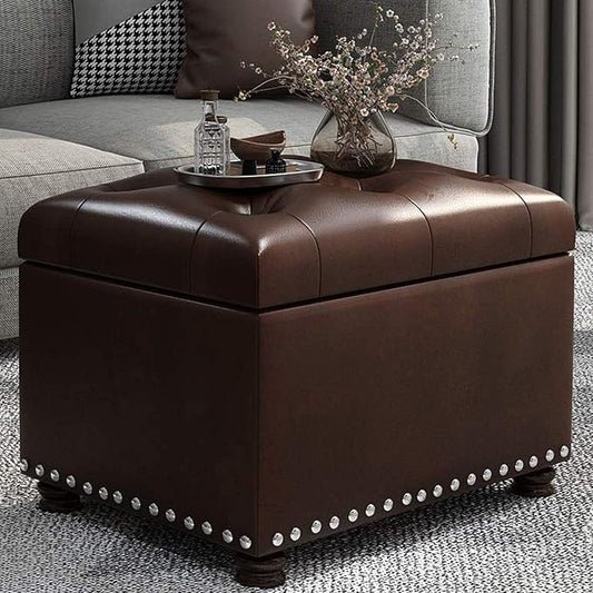 24'' Leather Storage Ottoman Rectangular Foot Rest Stool with Nailhead Trim for Bedroom Living Room(Dark Brown)