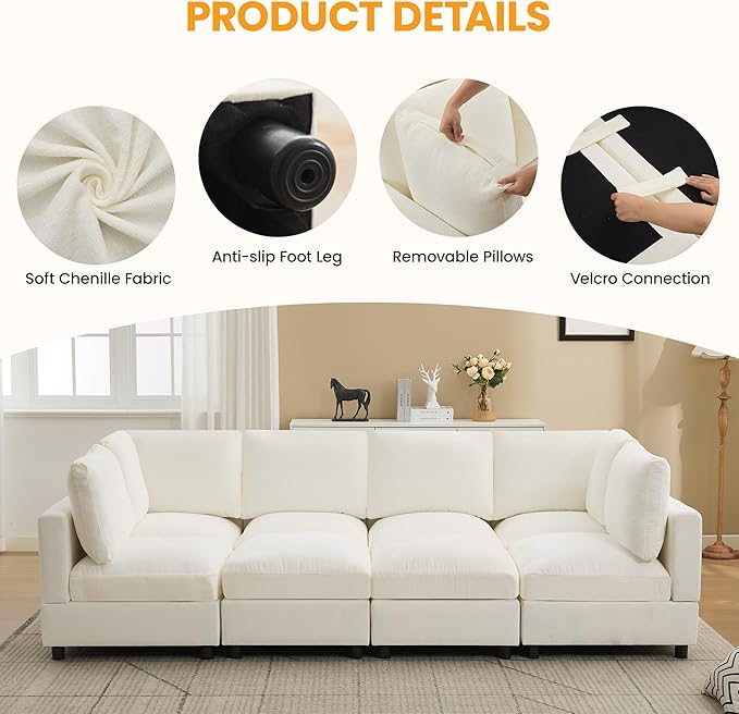 Modular Sectional Cloud Sofa Bed, 8-Seater Convertible Sofa Couch with Ottoman, Modern Deep Seat Sleeper Sofa for Living Room, Chenille Beige