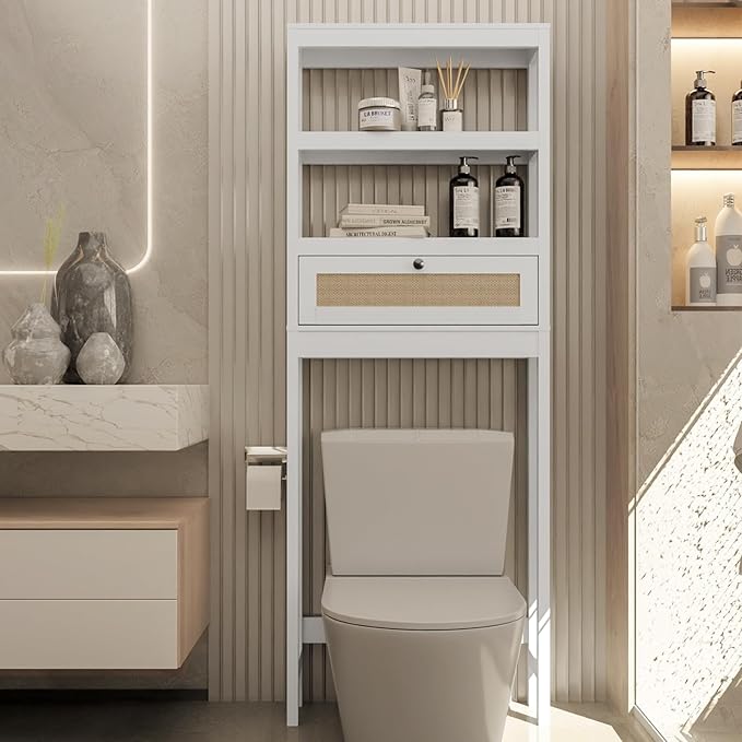 Over The Toilet Storage Cabinet, 3-Tier Bathroom Organizer with Rattan Door, Wooden Space Saver for Restroom, Bathroom, Laundry