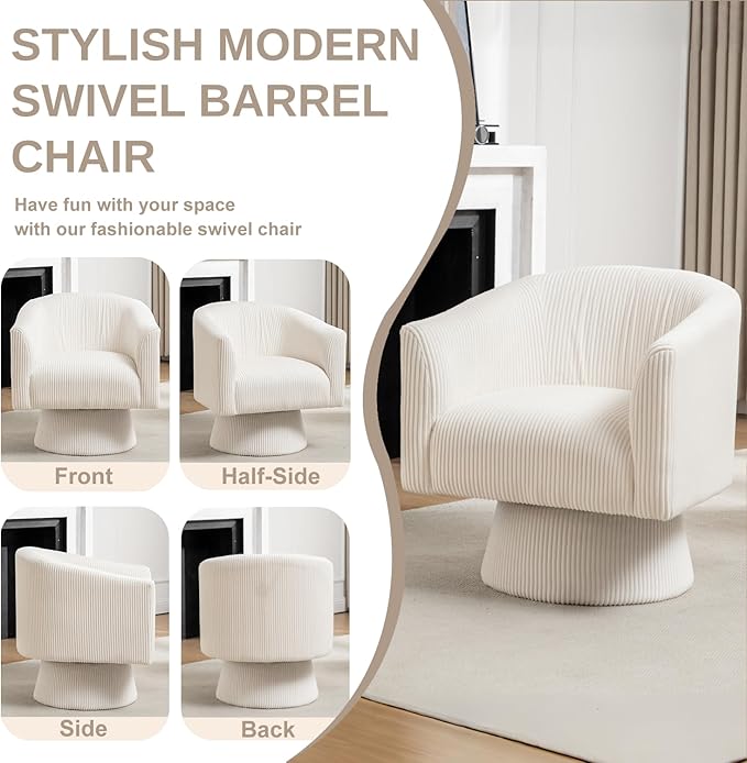 Swivel Accent Chair, Modern 360° Swivel Barrel Chair, Corduroy Upholstered Single Sofa for Living Room, Bedroom(Beige)
